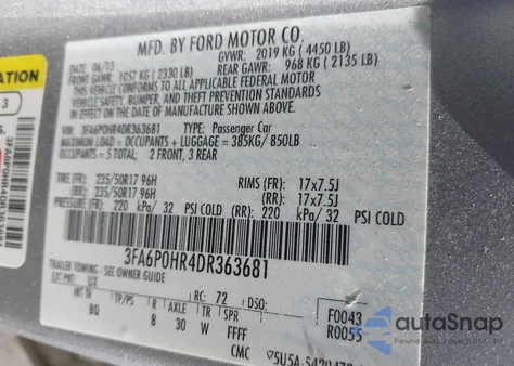 2013 Ford Fusion Se from USA, damaged, VIN 3FA6P0HR4DR363681
